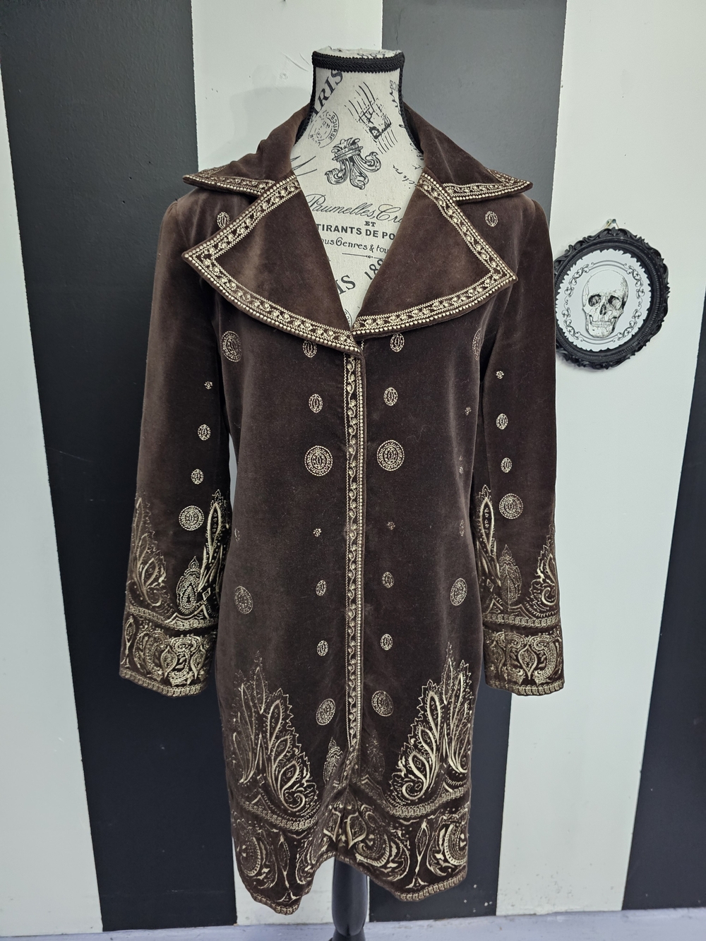 Vintage Brown Velvet Trench Coat with Gold Embroidery